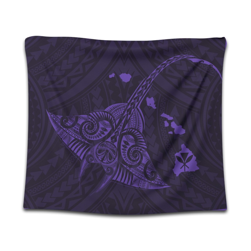 Hawaiian Map Kanaka Manta Ray Polynesian Tapestry Purple - AH Wall Tapestry Black - Polynesian Pride