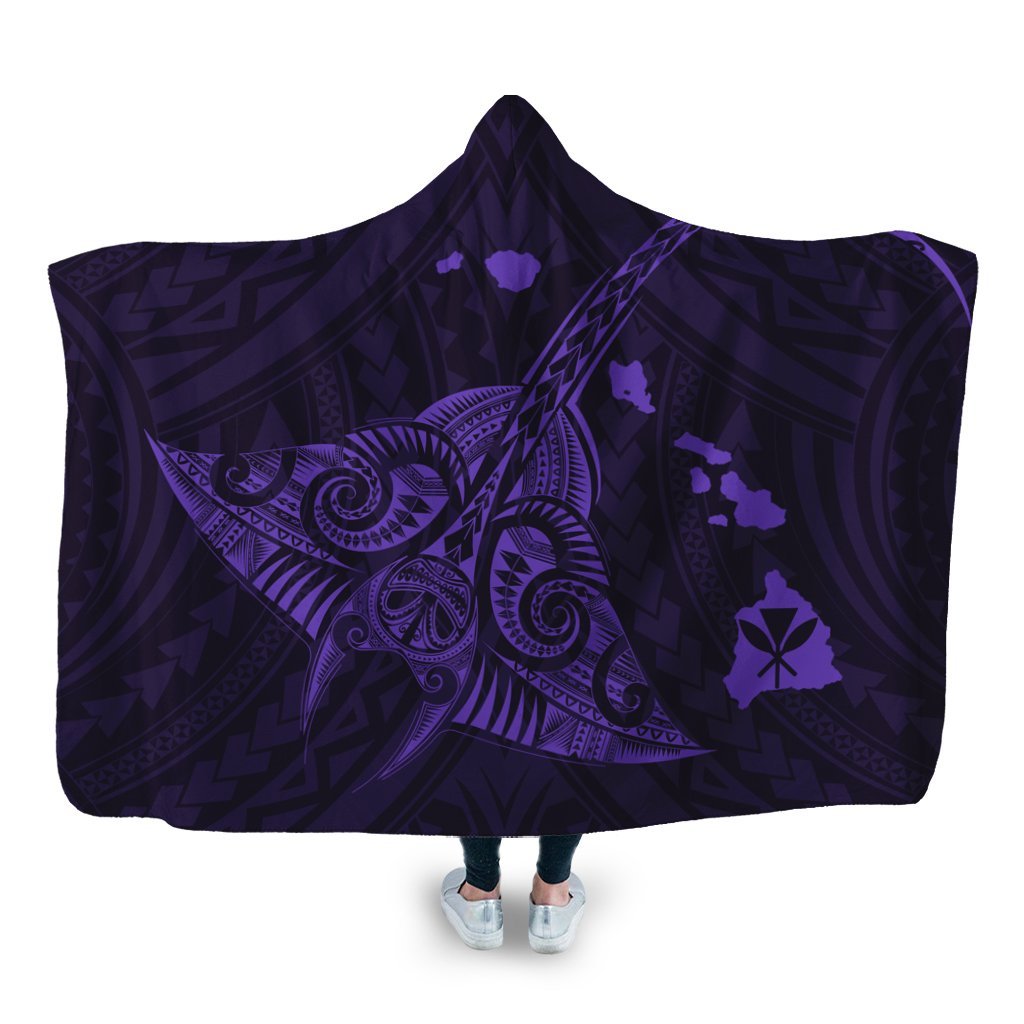 Hawaiian Map Kanaka Manta Ray Polynesian Hooded Blanket Purple - AH Hooded Blanket White - Polynesian Pride