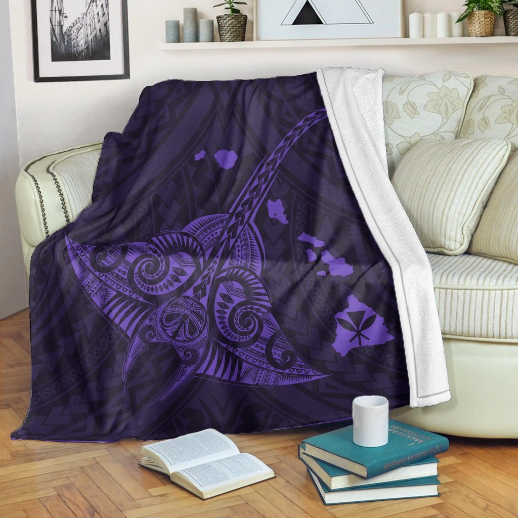 Hawaiian Map Kanaka Manta Ray Polynesian Premium Blankets Purple - AH White - Polynesian Pride