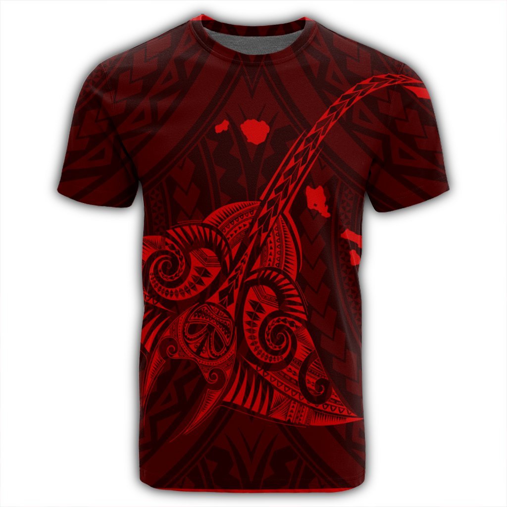 Hawaiian Map Kanaka Manta Ray Polynesian T Shirt Red - Polynesian Pride