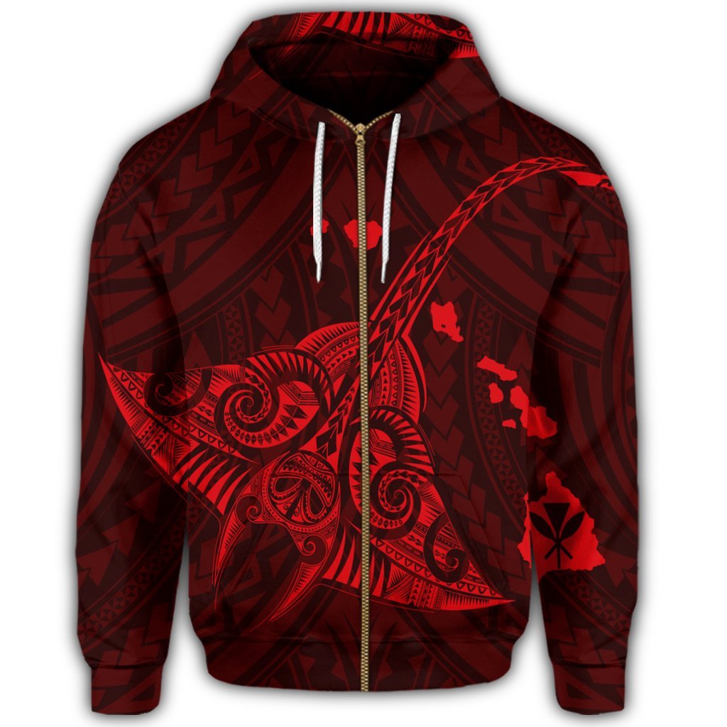 Hawaiian Map Kanaka Manta Ray Polynesian Zip Hoodie Red - Polynesian Pride