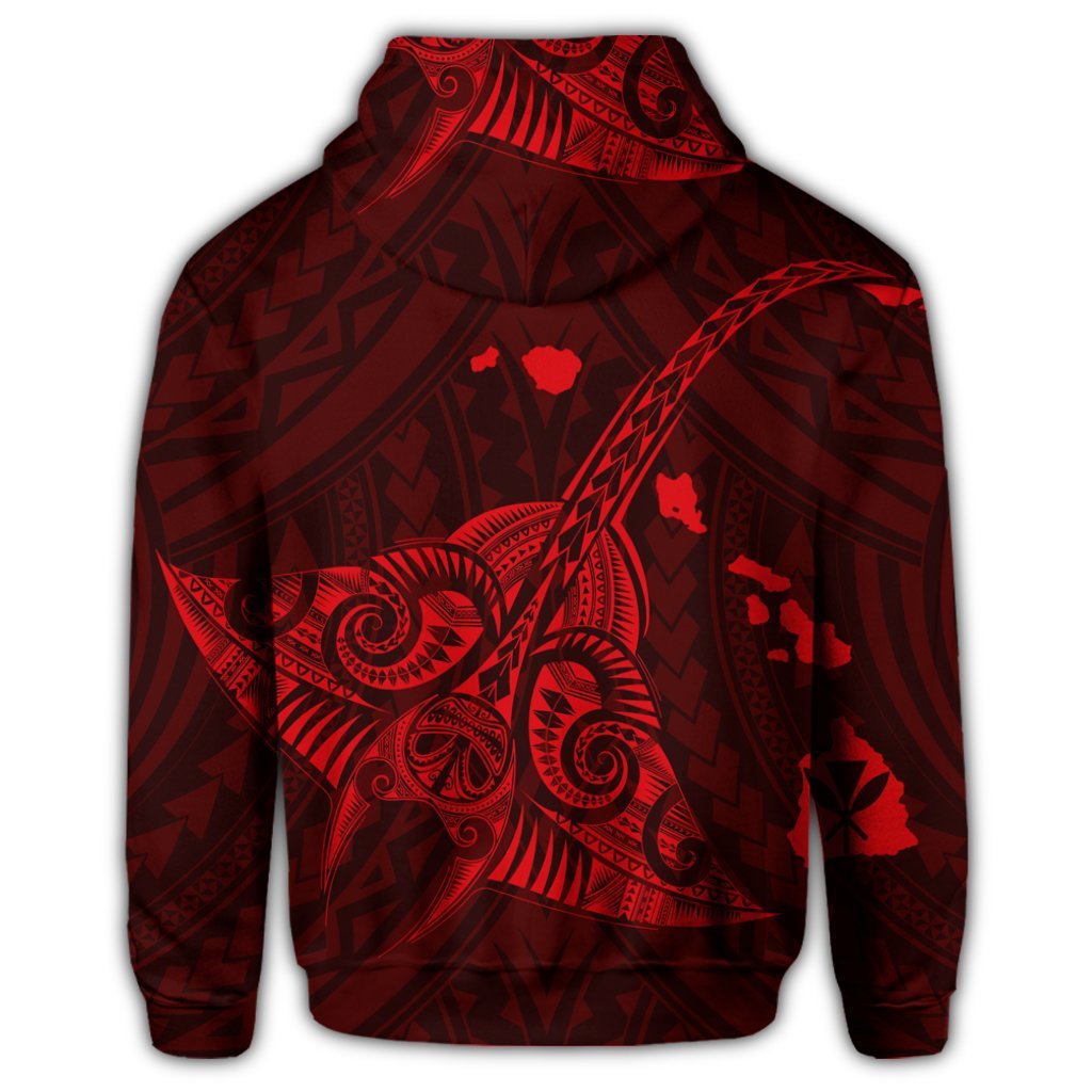 Hawaiian Map Kanaka Manta Ray Polynesian Zip Hoodie Red - Polynesian Pride