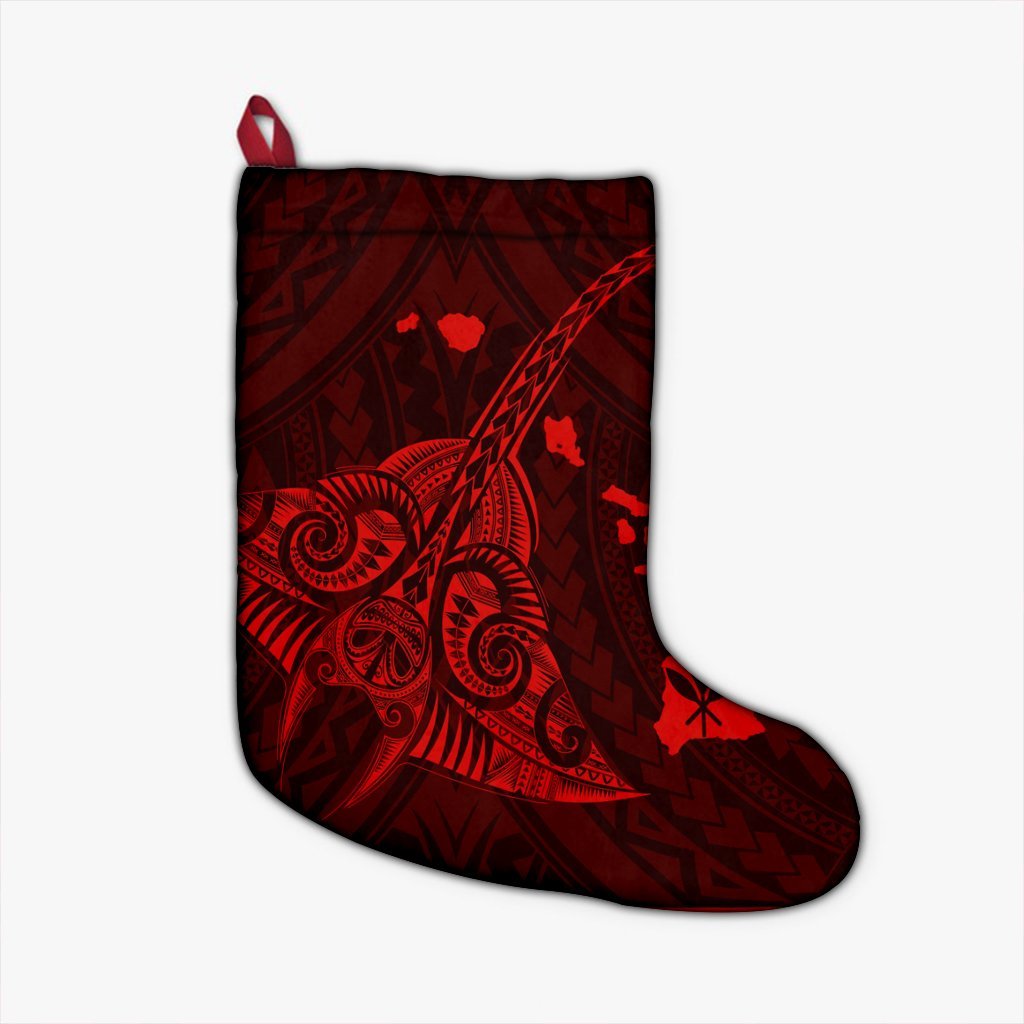 Hawaiian Map Kanaka Manta Ray Polynesian Christmas Stocking Red - AH Christmas Stocking 26 X 42 cm Black - Polynesian Pride