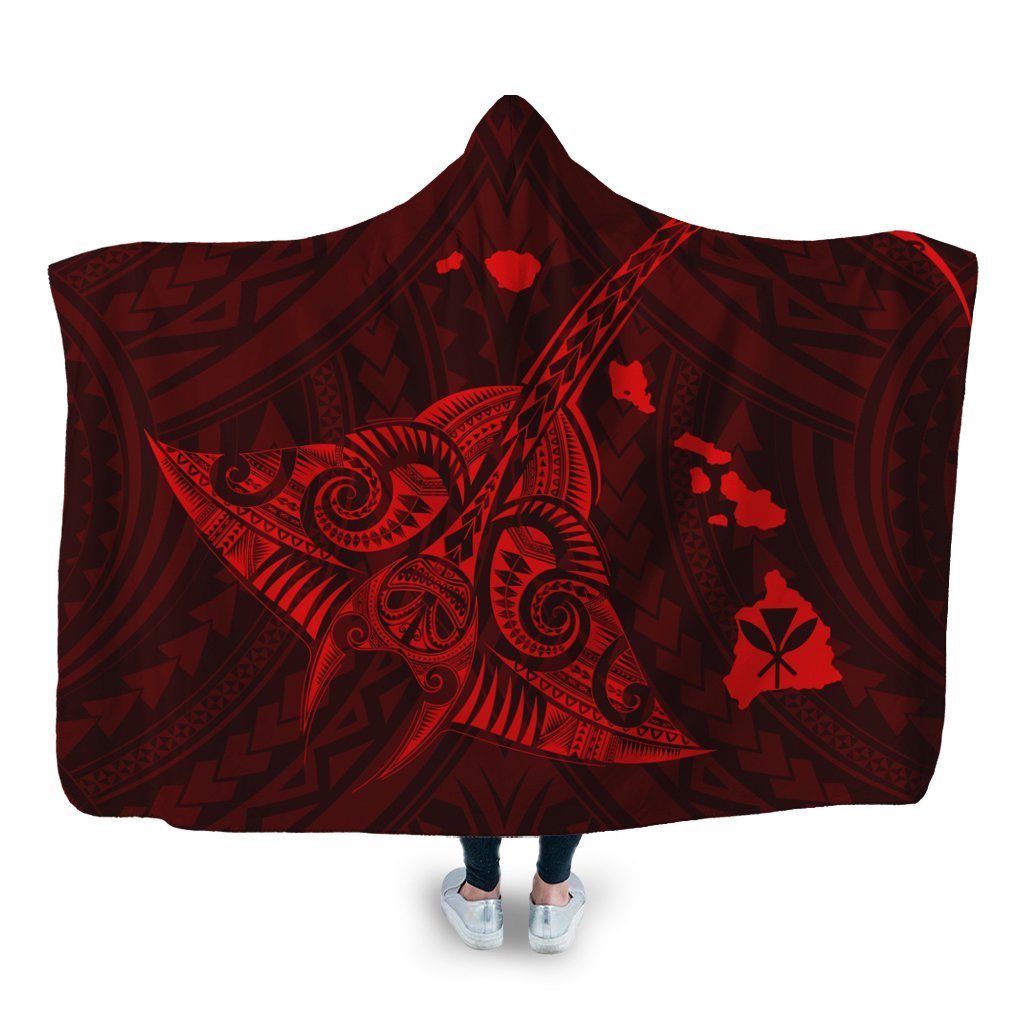 Hawaiian Map Kanaka Manta Ray Polynesian Hooded Blanket Red - AH Hooded Blanket White - Polynesian Pride