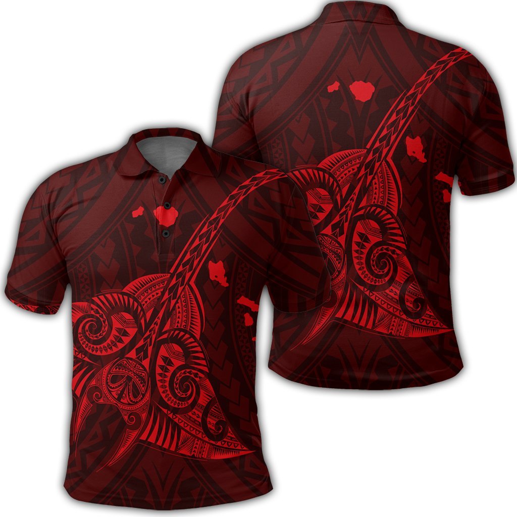 Hawaiian Map Kanaka Manta Ray Polynesian Polo Shirt Red Unisex Black - Polynesian Pride