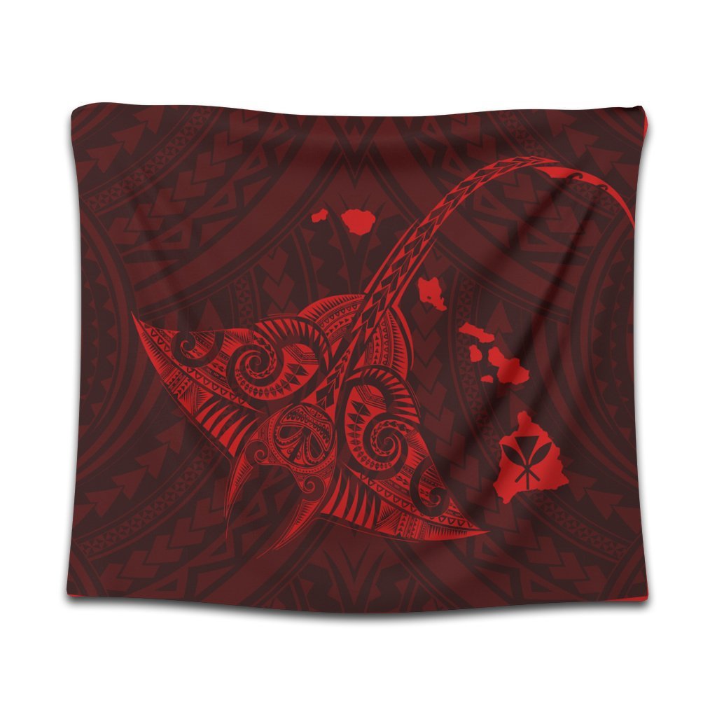 Hawaiian Map Kanaka Manta Ray Polynesian Tapestry Red - AH Wall Tapestry Black - Polynesian Pride