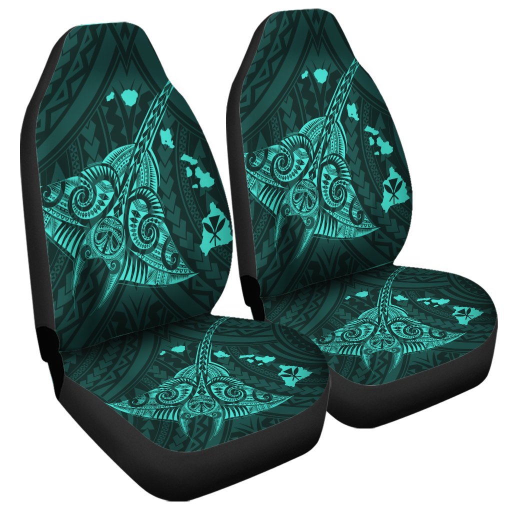 Hawaiian Map Kanaka Manta Ray Polynesian Car Seat Covers Turquoise - AH Universal Fit Black - Polynesian Pride