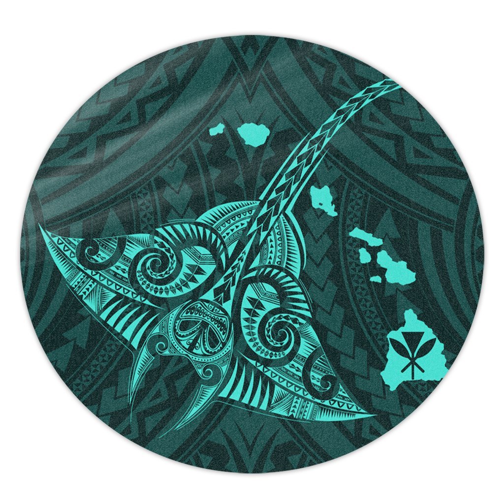 Hawaiian Map Kanaka Manta Ray Polynesian Round Carpet Turquoise - AH Round Carpet Luxurious Plush - Polynesian Pride