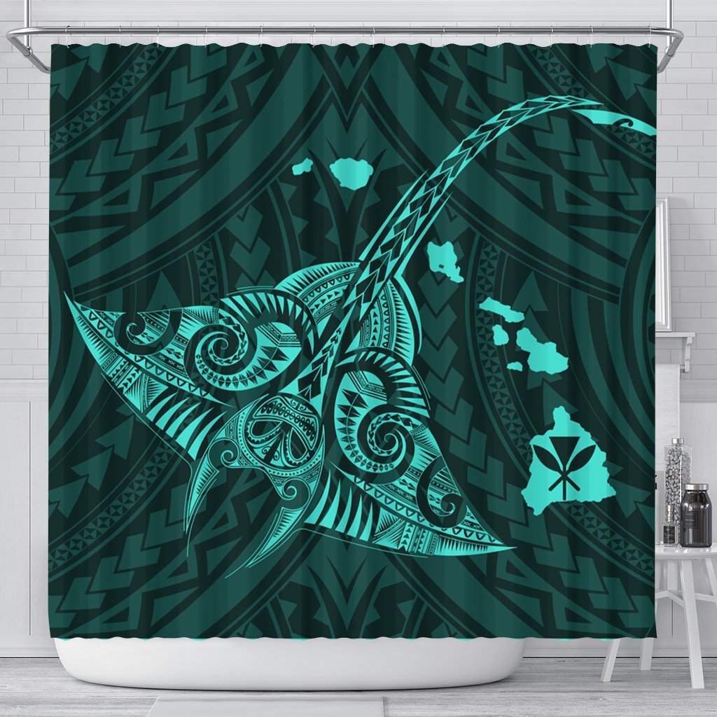 Hawaiian Map Kanaka Manta Ray Polynesian Shower Curtain Turquoise - AH 177 x 172 (cm) Black - Polynesian Pride