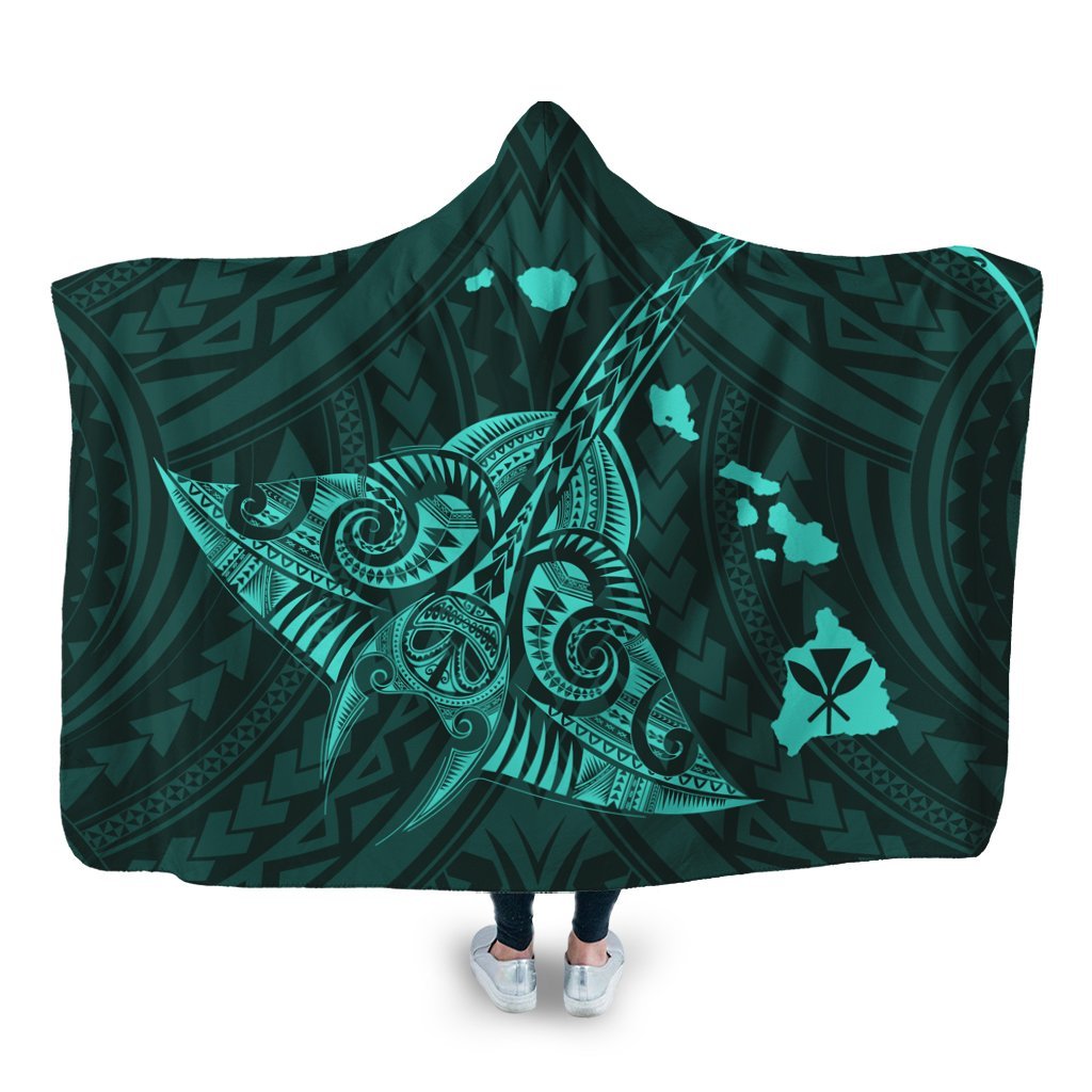 Hawaiian Map Kanaka Manta Ray Polynesian Hooded Blanket Turquoise - AH Hooded Blanket White - Polynesian Pride