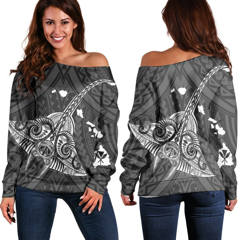 Hawaiian Map Kanaka Manta Ray Polynesian Women's Off Shoulder Sweater White - AH Black - Polynesian Pride