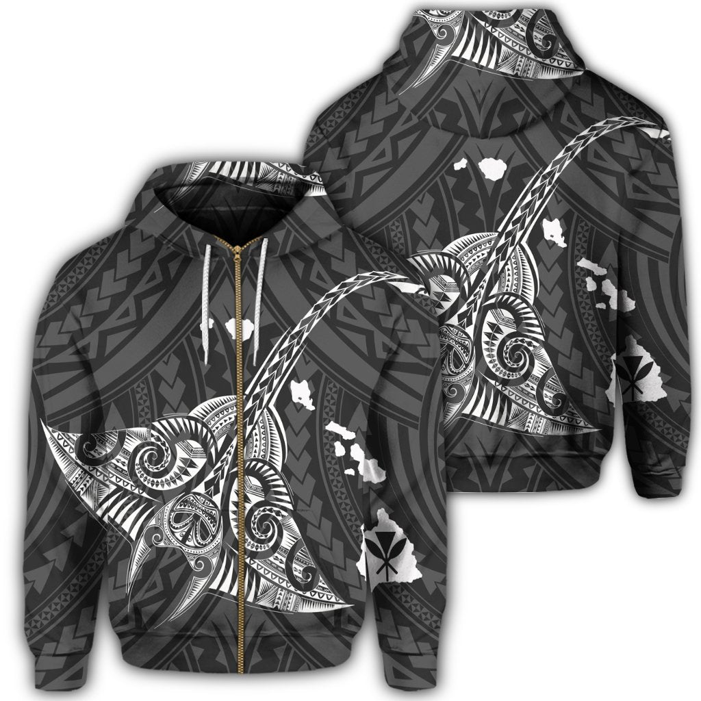 Hawaiian Map Kanaka Manta Ray Polynesian Zip Hoodie White Unisex Art - Polynesian Pride