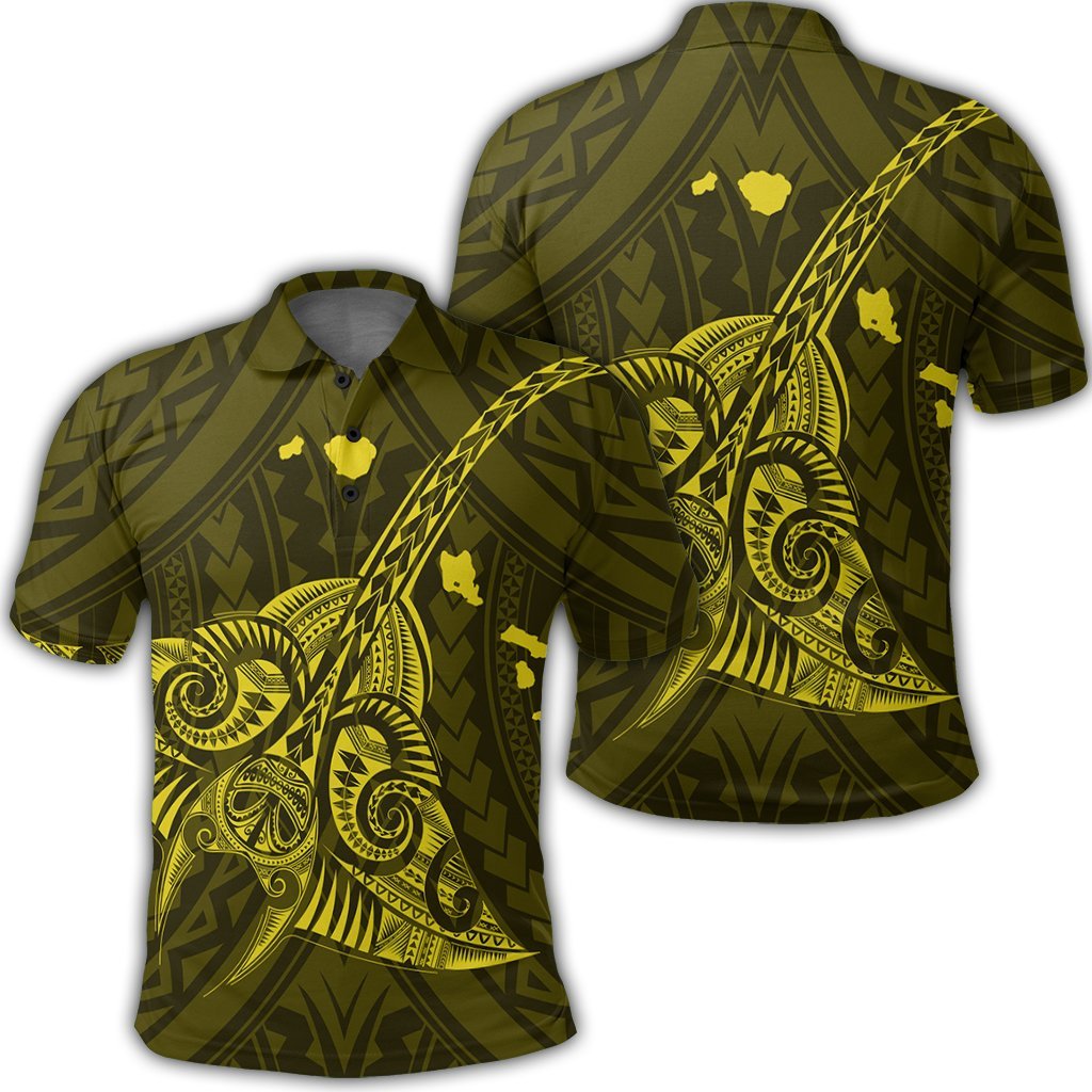 Hawaiian Map Kanaka Manta Ray Polynesian Polo Shirt Yellow Unisex Black - Polynesian Pride