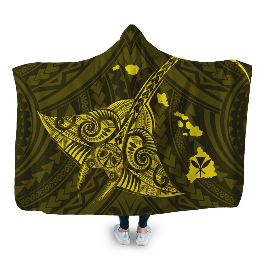 Hawaiian Map Kanaka Manta Ray Polynesian Hooded Blanket Yellow - AH Hooded Blanket White - Polynesian Pride