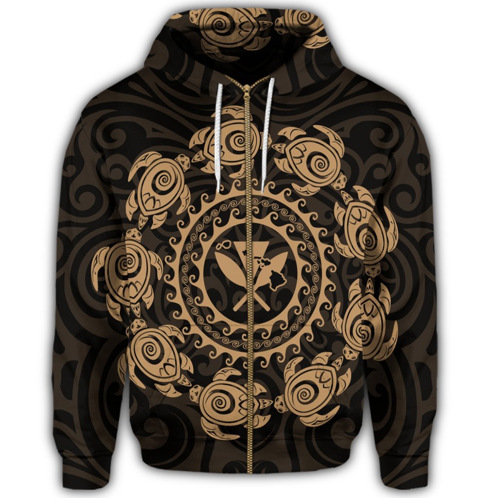 Hawaiian Map Kanaka Turtles Circle Style Gold Polynesian Zip Hoodie - Polynesian Pride