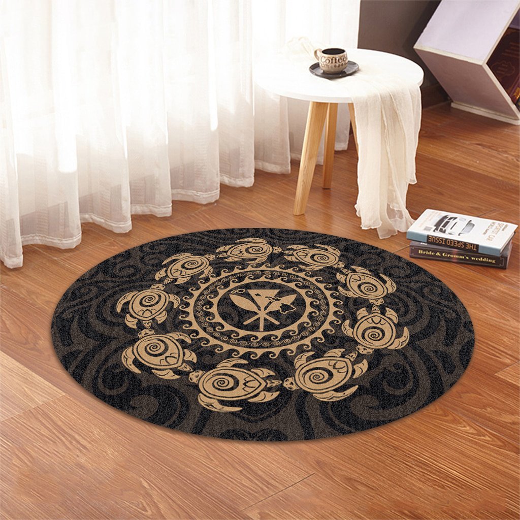 Hawaiian Map Kanaka Turtles Circle Style Gold Polynesian Round Carpet - AH - Polynesian Pride