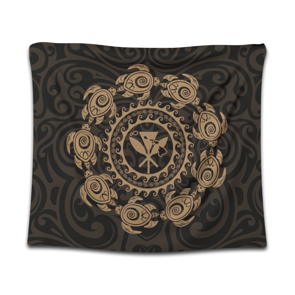 Hawaiian Map Kanaka Turtles Circle Style Gold Polynesian Tapestry - AH Wall Tapestry Black - Polynesian Pride