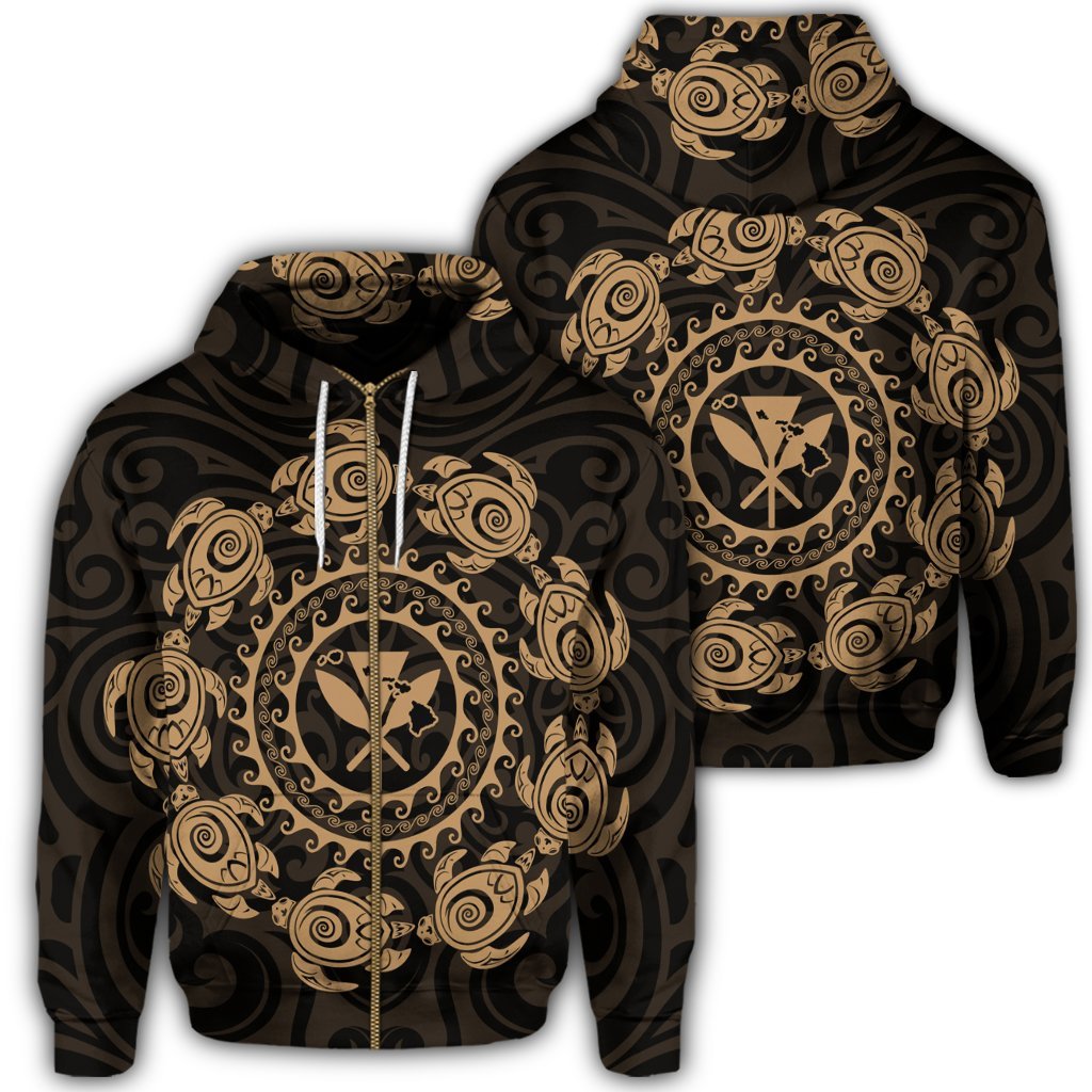 Hawaiian Map Kanaka Turtles Circle Style Gold Polynesian Zip Hoodie Unisex Art - Polynesian Pride