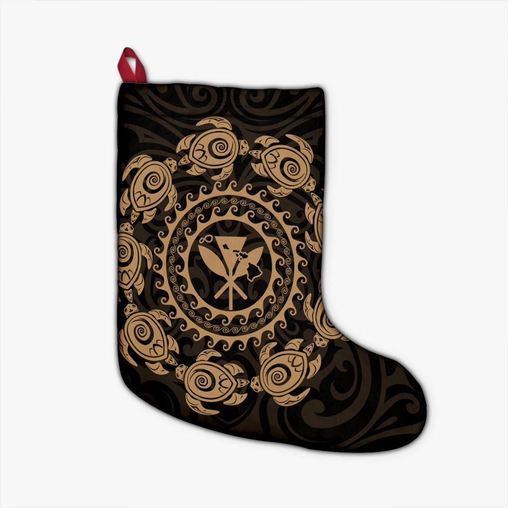 Hawaiian Map Kanaka Turtles Circle Style Gold Polynesian Christmas Stocking - AH Christmas Stocking 26 X 42 cm Black - Polynesian Pride