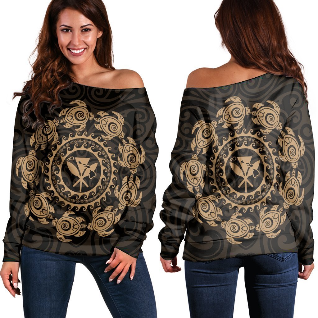 Hawaiian Map Kanaka Turtles Circle Style Gold Polynesian Women's Off Shoulder Sweater - AH Black - Polynesian Pride