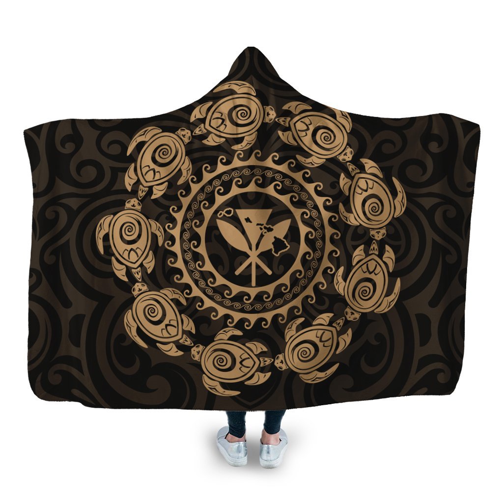 Hawaiian Map Kanaka Turtles Circle Style Gold Polynesian Hooded Blanket - AH Hooded Blanket White - Polynesian Pride