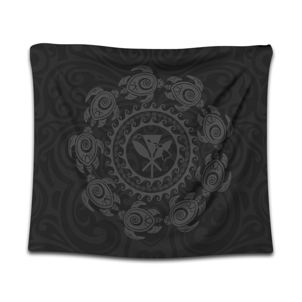 Hawaiian Map Kanaka Turtles Circle Style Gray Polynesian Tapestry - AH Wall Tapestry Black - Polynesian Pride