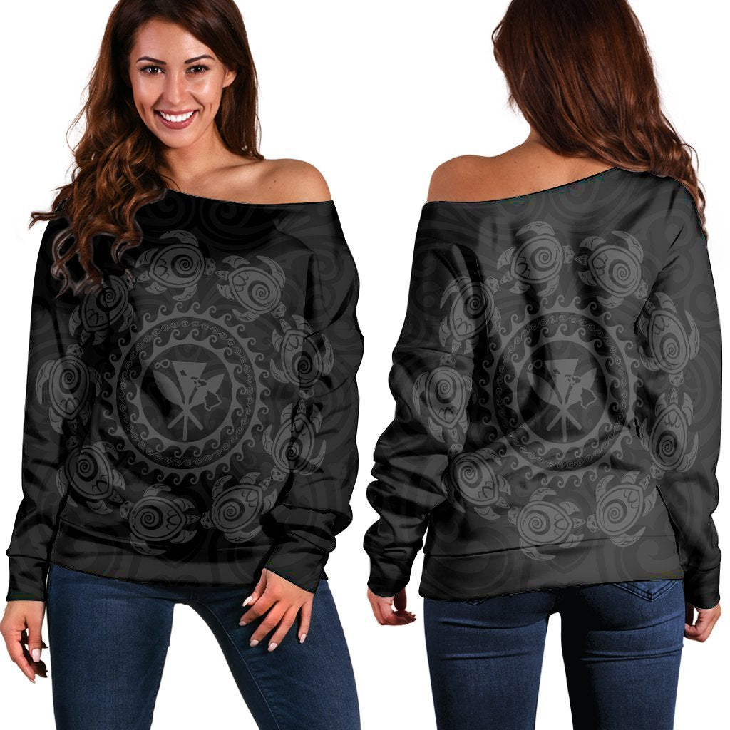 Hawaiian Map Kanaka Turtles Circle Style Gray Polynesian Women's Off Shoulder Sweater - AH Black - Polynesian Pride