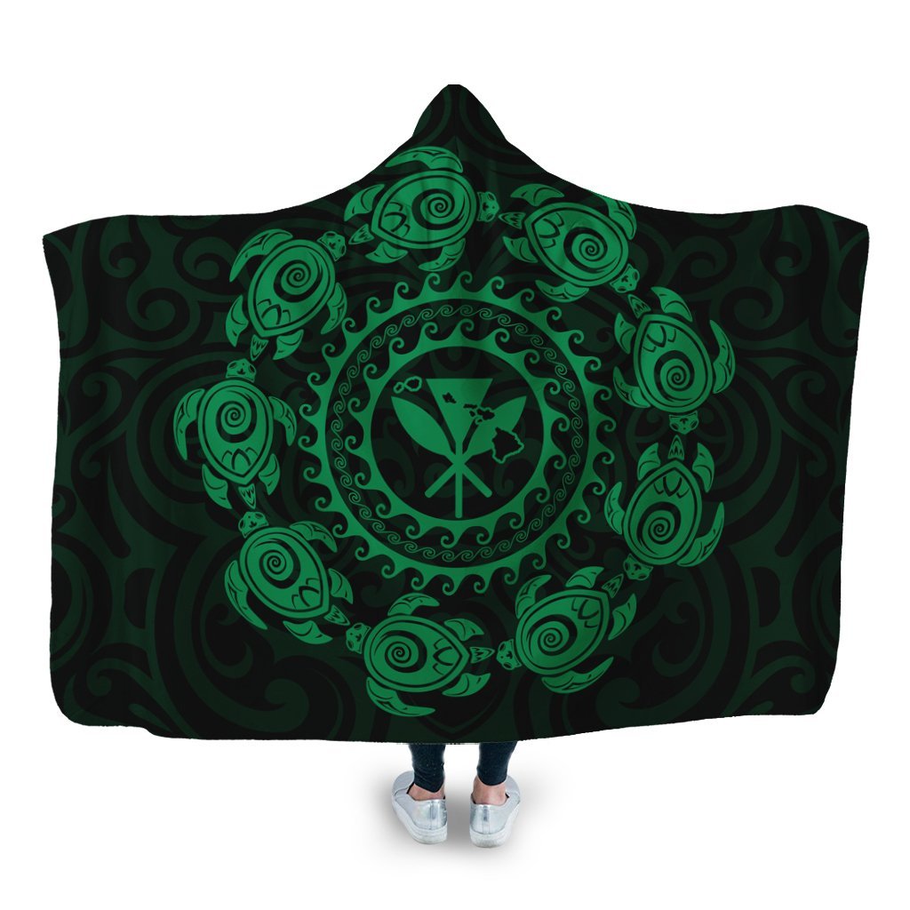 Hawaiian Map Kanaka Turtles Circle Style Green Polynesian Hooded Blanket - AH Hooded Blanket White - Polynesian Pride