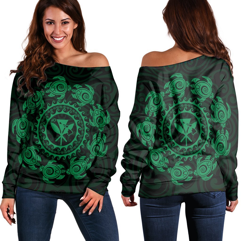 Hawaiian Map Kanaka Turtles Circle Style Green Polynesian Women's Off Shoulder Sweater - AH Black - Polynesian Pride