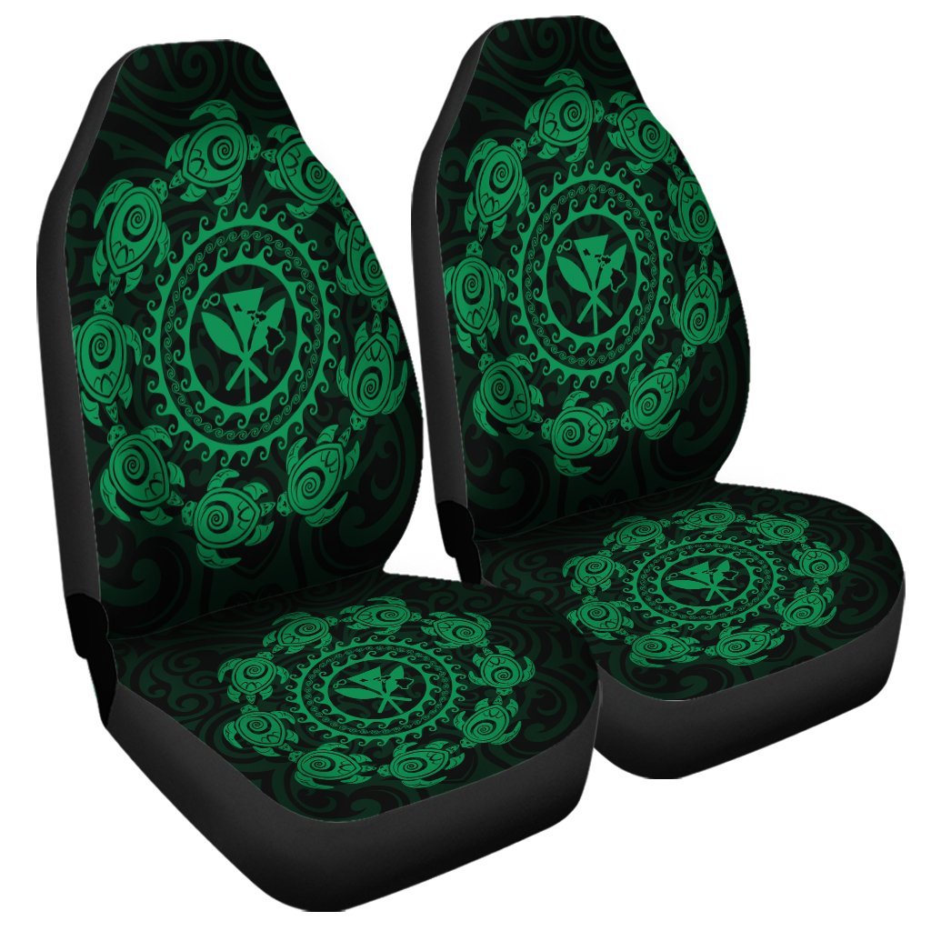 Hawaiian Map Kanaka Turtles Circle Style Green Polynesian Car Seat Covers - AH Universal Fit Black - Polynesian Pride