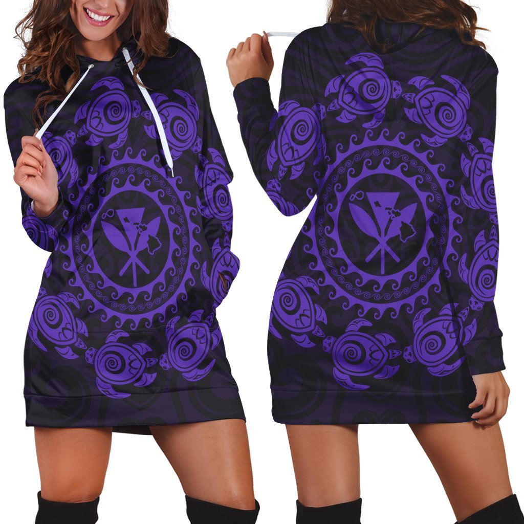 Hawaiian Map Kanaka Turtles Circle Style Purple Polynesian Hoodie Dress - AH Black - Polynesian Pride