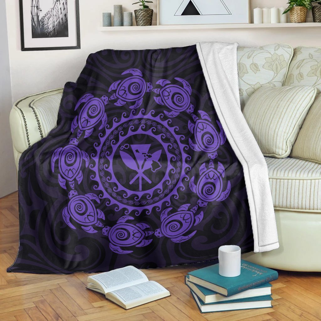 Hawaiian Map Kanaka Turtles Circle Style Purple Polynesian Premium Blankets - AH White - Polynesian Pride