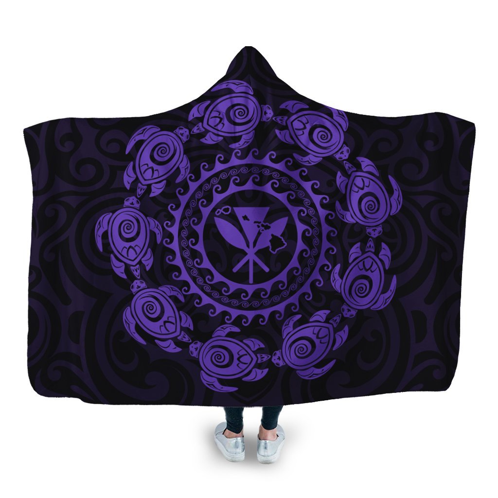 Hawaiian Map Kanaka Turtles Circle Style Purple Polynesian Hooded Blanket - AH Hooded Blanket White - Polynesian Pride