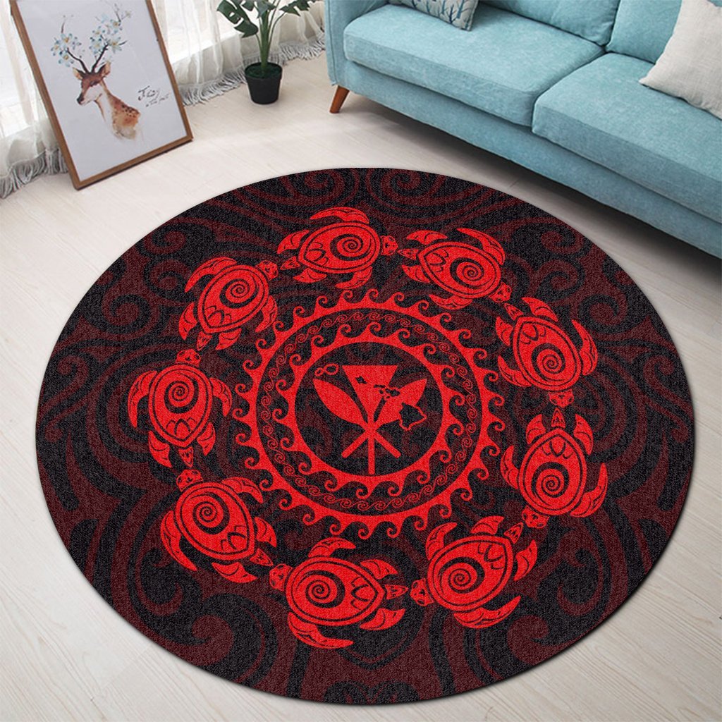 Hawaiian Map Kanaka Turtles Circle Style Red Polynesian Round Carpet - AH - Polynesian Pride