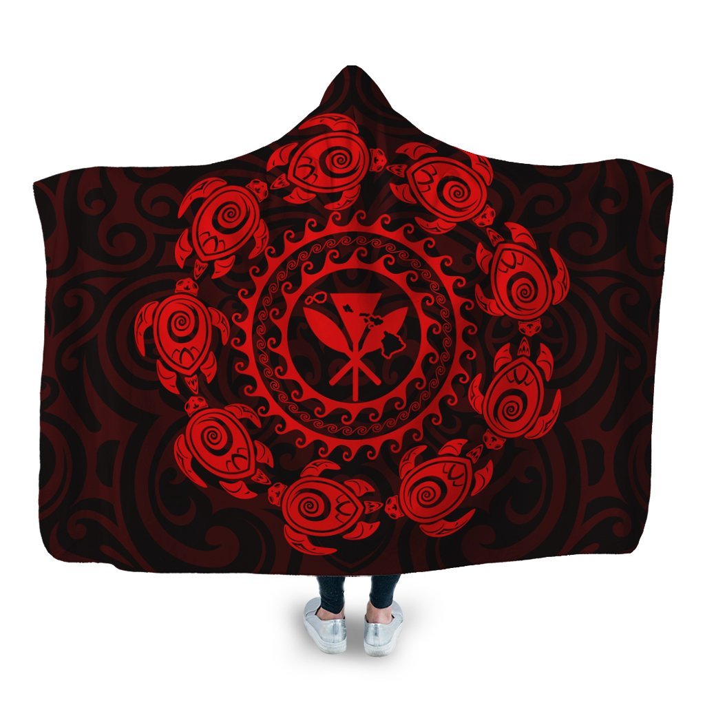 Hawaiian Map Kanaka Turtles Circle Style Red Polynesian Hooded Blanket - AH Hooded Blanket White - Polynesian Pride