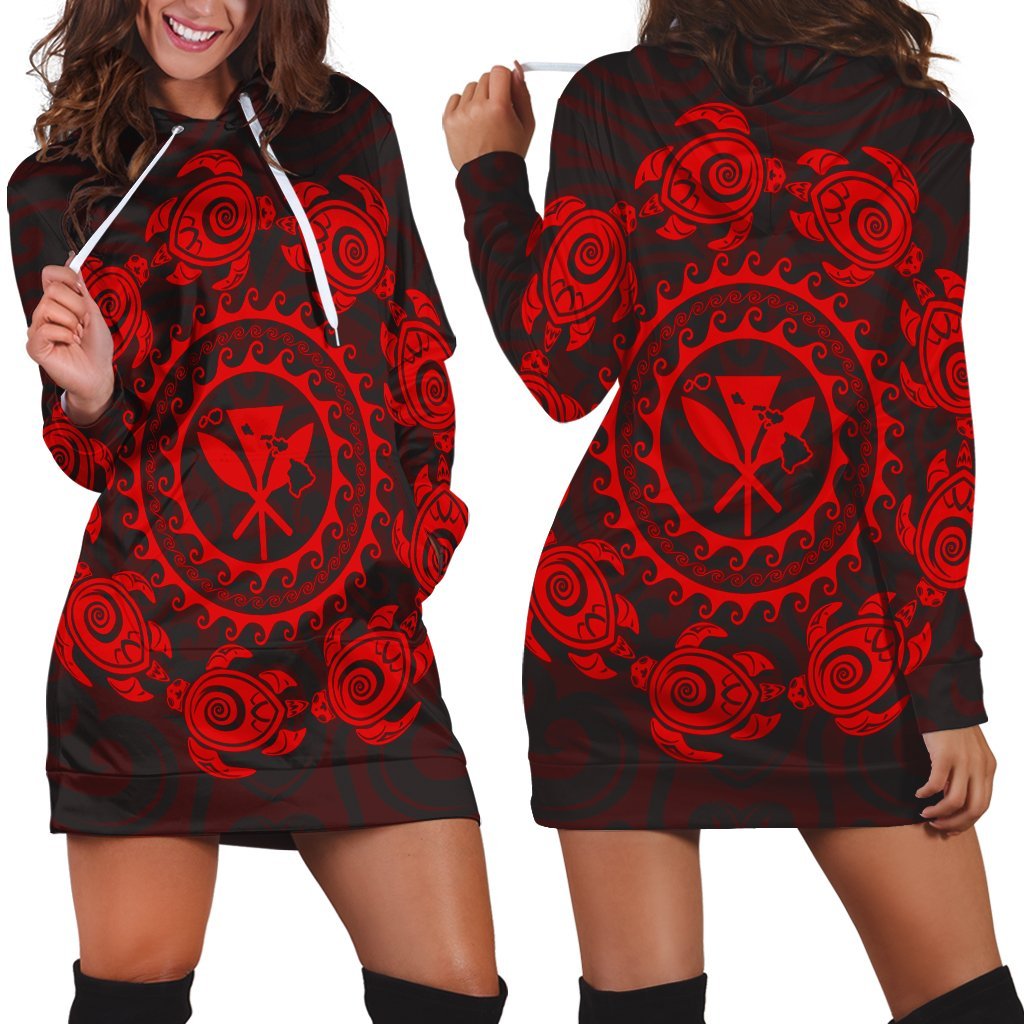 Hawaiian Map Kanaka Turtles Circle Style Red Polynesian Hoodie Dress - AH Black - Polynesian Pride