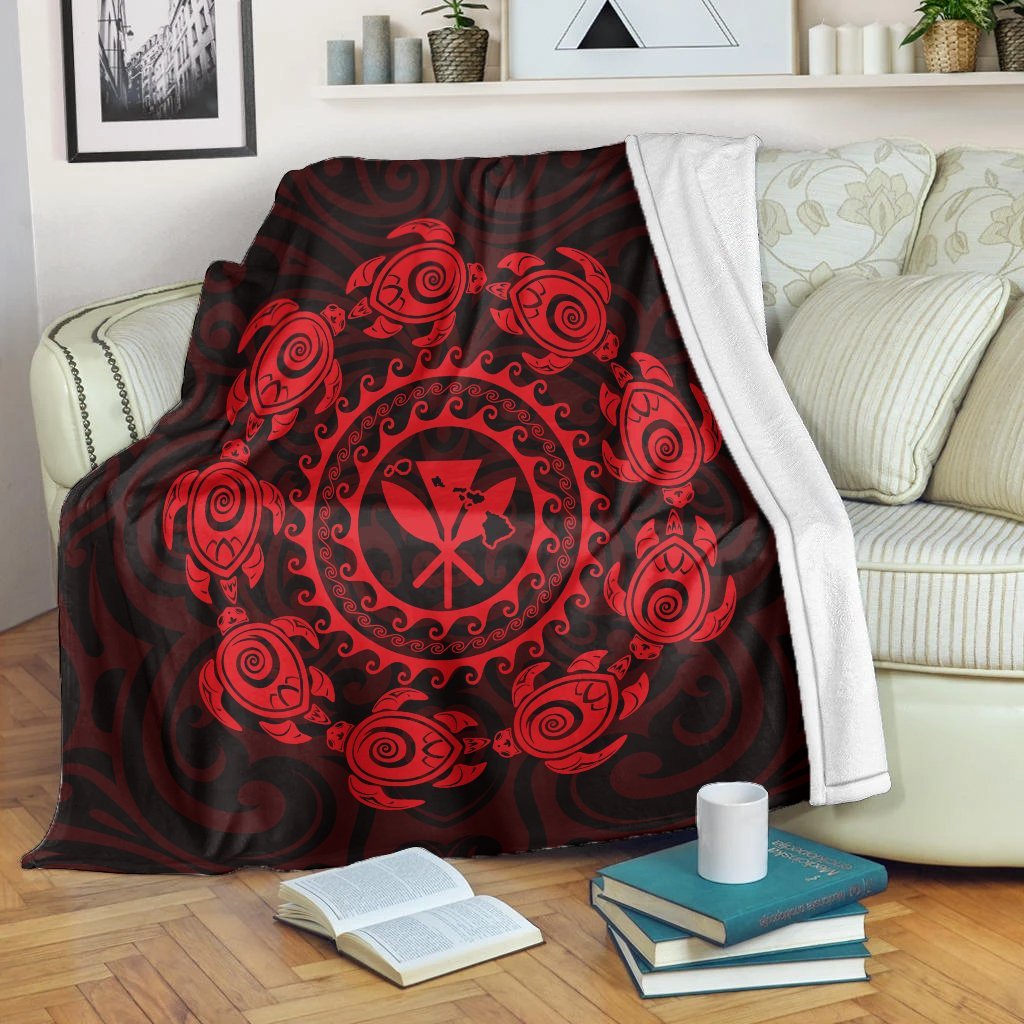 Hawaiian Map Kanaka Turtles Circle Style Red Polynesian Premium Blankets - AH White - Polynesian Pride