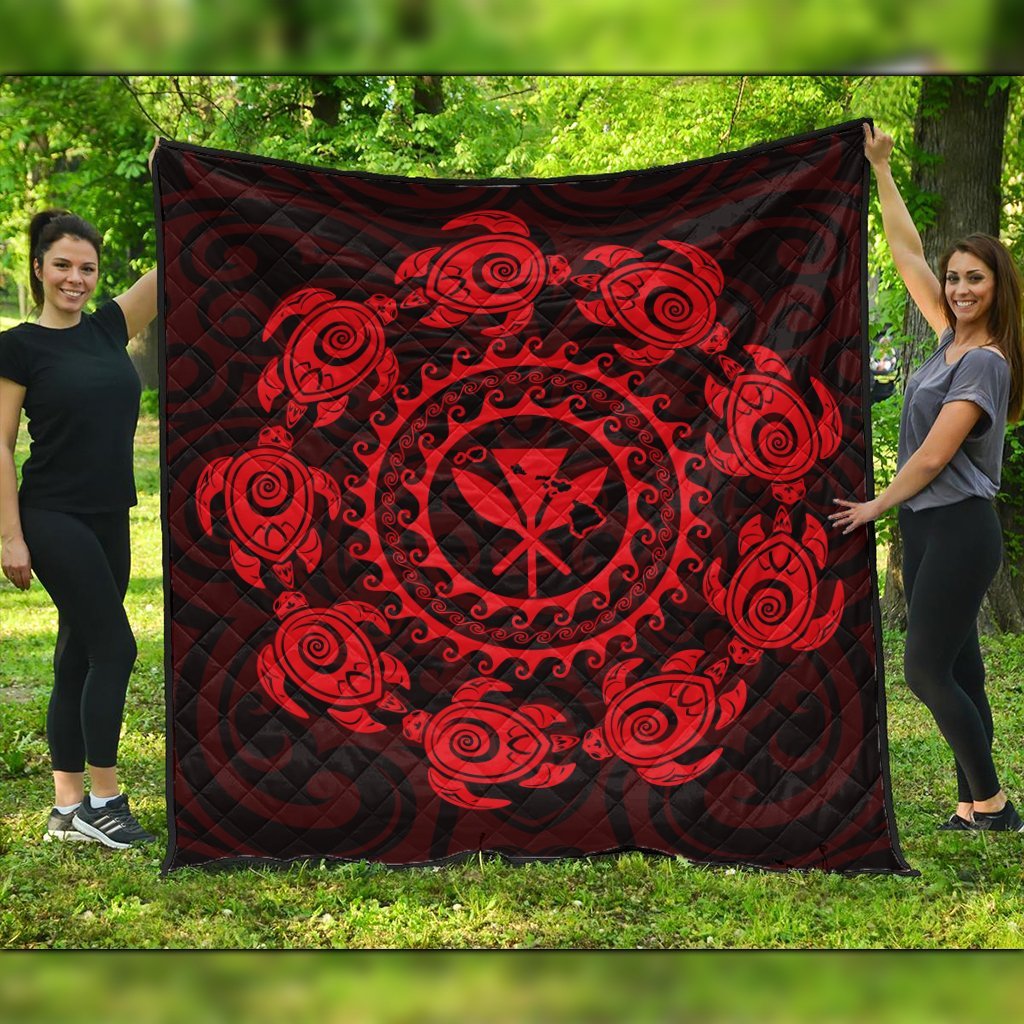 Hawaiian Map Kanaka Turtles Circle Style Red Polynesian Premium Quilts - AH Black - Polynesian Pride