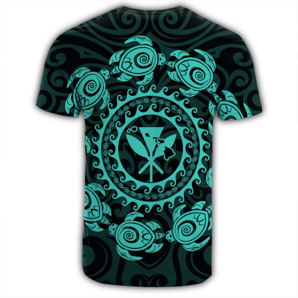 Hawaiian Map Kanaka Turtles Circle Style Turquoise Polynesian T Shirt - Polynesian Pride