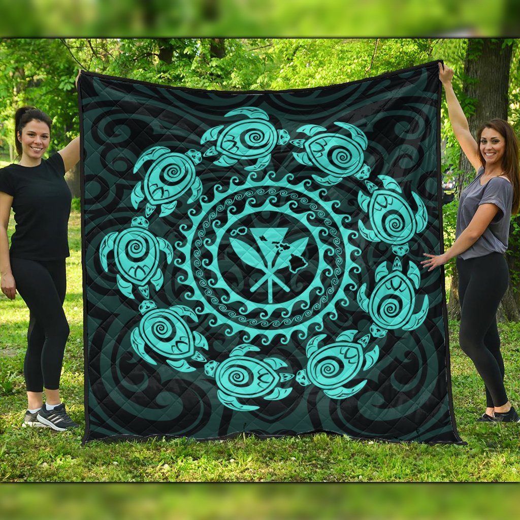 Hawaiian Map Kanaka Turtles Circle Style Turquoise Polynesian Premium Quilts - AH Black - Polynesian Pride