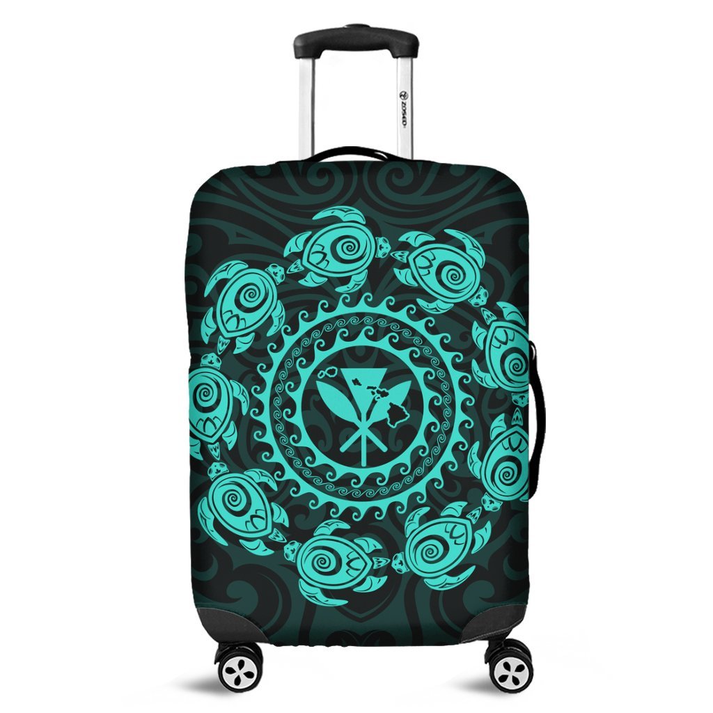 Hawaiian Map Kanaka Turtles Circle Style Turquoise Polynesian Luggage Covers - AH Black - Polynesian Pride