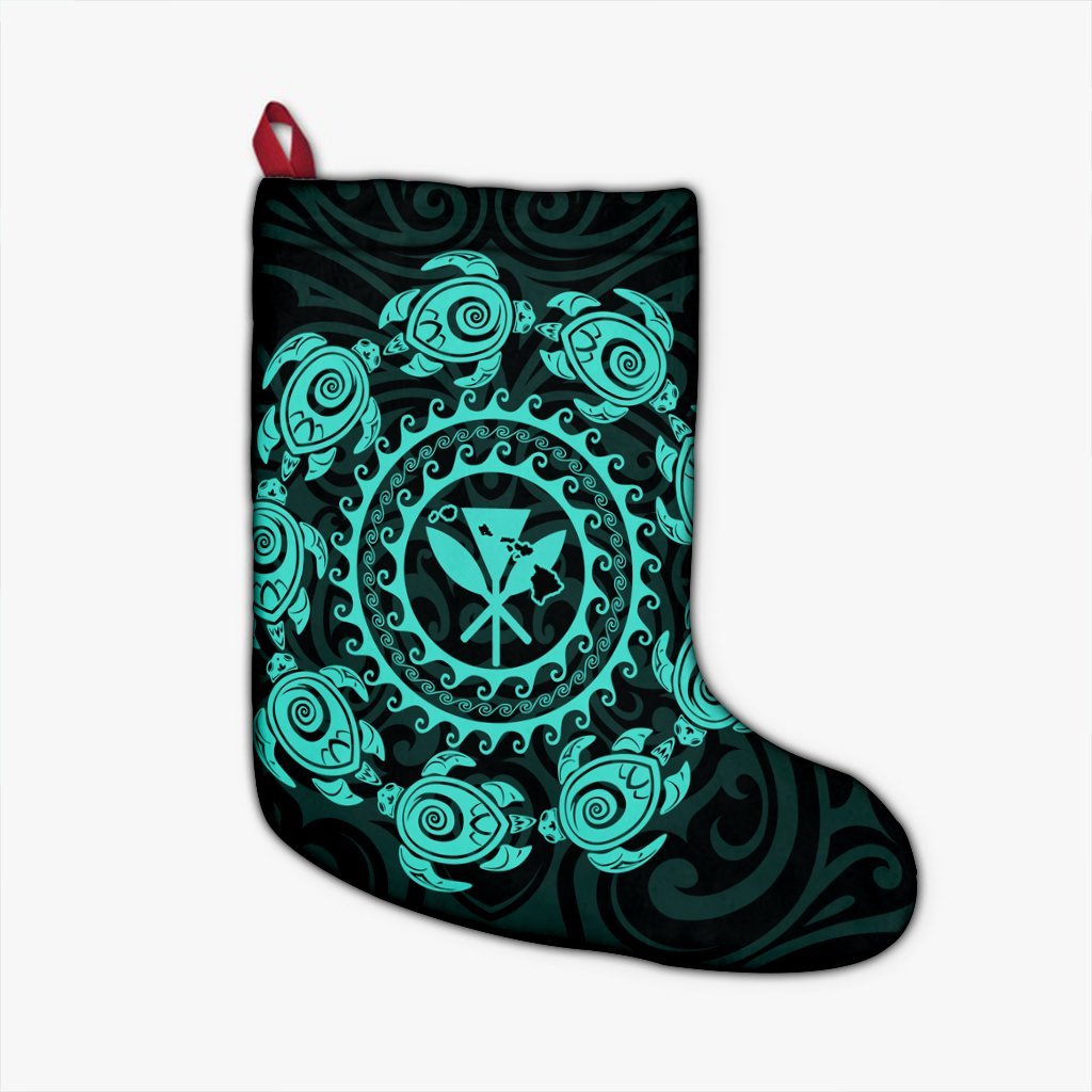 Hawaiian Map Kanaka Turtles Circle Style Turquoise Polynesian Christmas Stocking - AH Christmas Stocking 26 X 42 cm Black - Polynesian Pride