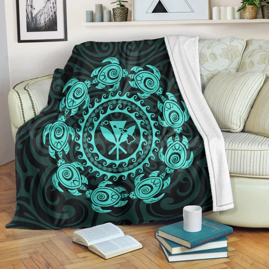 Hawaiian Map Kanaka Turtles Circle Style Turquoise Polynesian Premium Blankets - AH White - Polynesian Pride