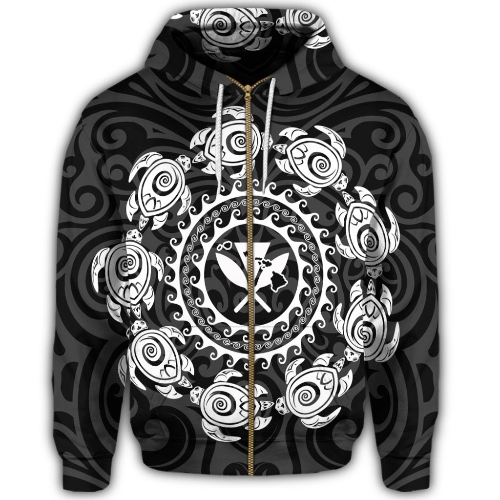 Hawaiian Map Kanaka Turtles Circle Style White Polynesian Zip Hoodie - Polynesian Pride