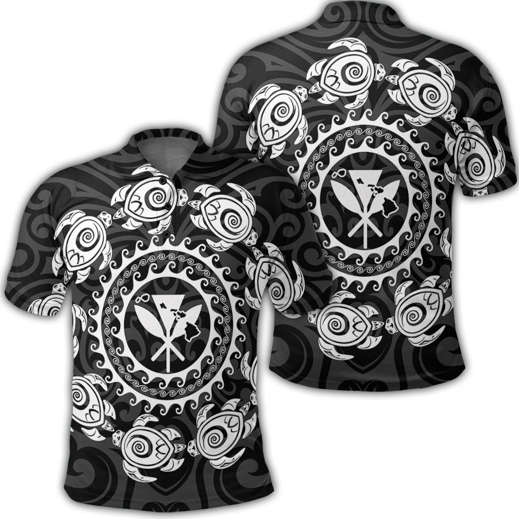 Hawaiian Map Kanaka Turtles Circle Style White Polynesian Polo Shirt Unisex Black - Polynesian Pride