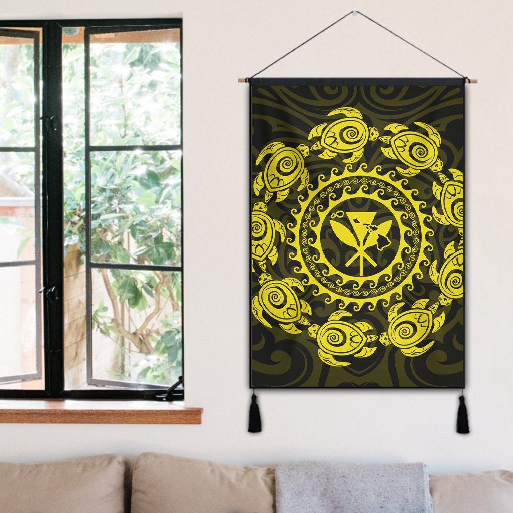 Hawaiian Map Kanaka Turtles Circle Style Yellow Polynesian Hanging Poster - AH - Polynesian Pride