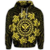 Hawaiian Map Kanaka Turtles Circle Style Yellow Polynesian Zip Hoodie - Polynesian Pride