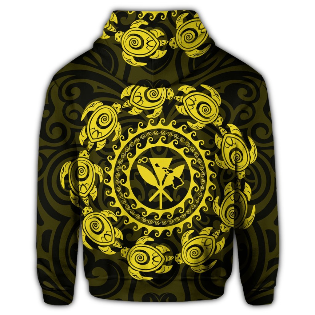 Hawaiian Map Kanaka Turtles Circle Style Yellow Polynesian Zip Hoodie - Polynesian Pride