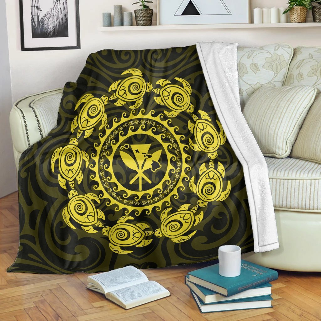 Hawaiian Map Kanaka Turtles Circle Style Yellow Polynesian Premium Blankets - AH White - Polynesian Pride