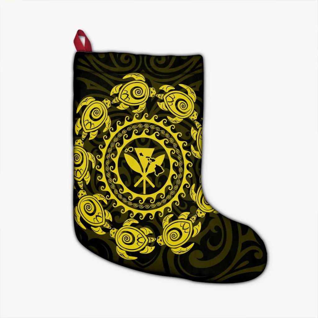 Hawaiian Map Kanaka Turtles Circle Style Yellow Polynesian Christmas Stocking - AH Christmas Stocking 26 X 42 cm Black - Polynesian Pride